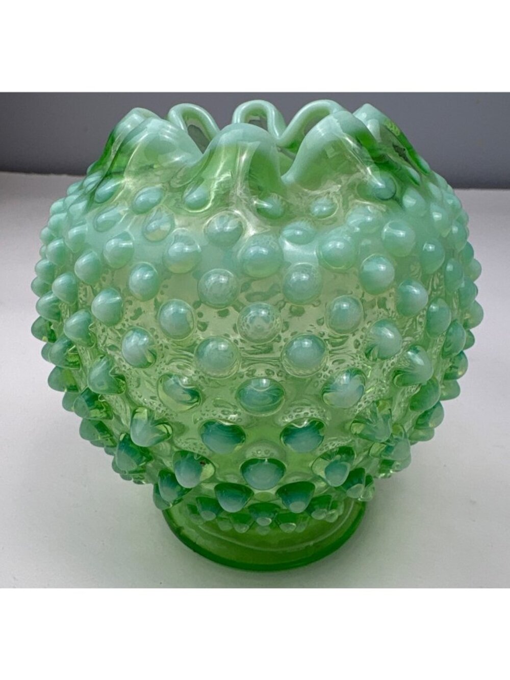 Fenton Green Opalescent Hobnail Vase Ruffled Edge Vintage Elegant Collectible De - Picture 2 of 11